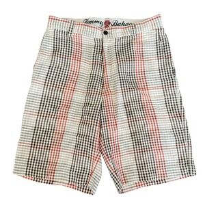 Tommy Bahama Paradise Nation Mens 33 Plaid Shorts Linen Silk Red Brown Cream